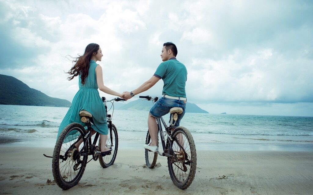 couple, beach, bicycles, bikes, holding hands, lovers, together, young couple, nature, happy couple, asian, love, holiday, summer, sea, seaside, boy, woman, girl, man, outdoors, biking, relationship