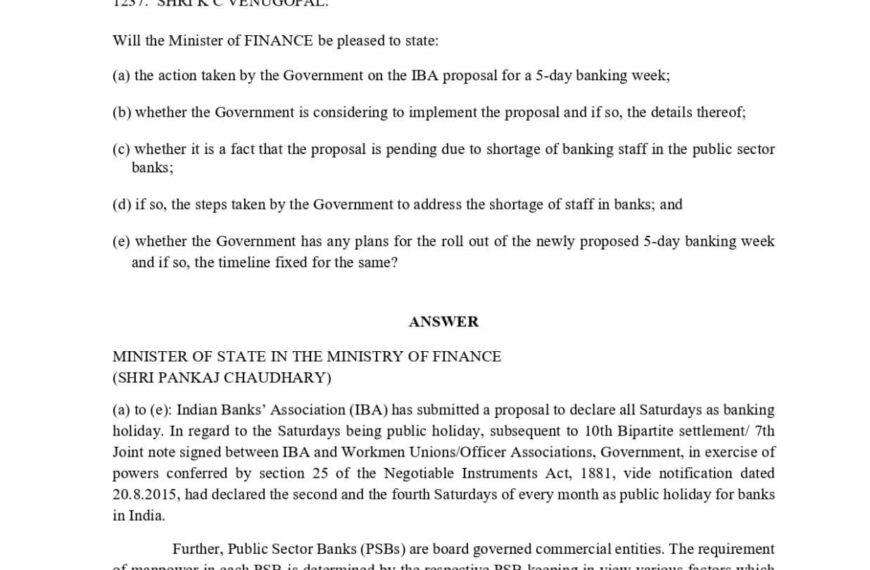Govt Responds to Proposal of 5-Day Banking Week