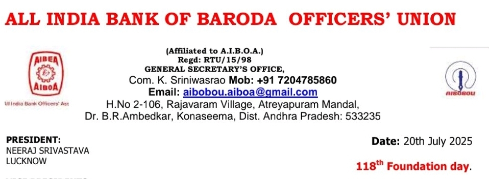 Bank of Baroda Officers’ Union Issues 7-Day Ultimatum Over HR Policies and Employee Wellbeing<div style="text-align: center; margin: 10px 0 30px 0;">
            <a href="https://whatsapp.com/channel/0029Vb1vn9UFMqrWmdY3Ef0w" target="_blank" style="display: inline-flex; align-items: center; gap: 8px; padding: 10px 20px; background-color: #25D366; color: white; text-decoration: none; border-radius: 5px; font-weight: bold; font-size: 16px;">
                <svg xmlns="http://www.w3.org/2000/svg" width="20" height="20" fill="white" viewBox="0 0 32 32">
                    <path d="M16.004 2.002c-7.732 0-13.999 6.268-13.999 14 0 2.465.647 4.88 1.872 6.997L2 30l7.19-1.848a13.956 13.956 0 0 0 6.815 1.75c7.733 0 14-6.268 14-14s-6.267-13.999-14-13.999zm0 25.498a11.38 11.38 0 0 1-5.783-1.564l-.41-.239-4.263 1.096 1.137-4.157-.266-.43A11.345 11.345 0 0 1 4.623 16c0-6.26 5.12-11.38 11.38-11.38 6.26 0 11.38 5.12 11.38 11.38s-5.12 11.38-11.38 11.38zm6.26-8.505c-.343-.172-2.03-1.003-2.345-1.118-.313-.116-.54-.172-.766.173s-.878 1.118-1.075 1.344c-.197.228-.394.257-.736.086-.343-.172-1.446-.532-2.754-1.697-1.017-.907-1.703-2.026-1.902-2.368-.197-.343-.021-.527.15-.698.155-.154.343-.4.514-.602.172-.2.229-.344.343-.572.114-.229.057-.43-.029-.602-.086-.172-.766-1.85-1.05-2.534-.276-.662-.56-.572-.766-.582-.197-.008-.428-.01-.66-.01-.228 0-.598.086-.911.429-.314.343-1.197 1.17-1.197 2.85s1.225 3.3 1.395 3.527c.171.229 2.412 3.693 5.847 5.18.818.353 1.456.563 1.954.72.822.262 1.57.226 2.162.137.66-.099 2.03-.828 2.317-1.628.286-.8.286-1.485.2-1.63-.086-.144-.314-.229-.657-.4z"/>
                </svg>
                Join Our WhatsApp Channel
            </a>
        </div>